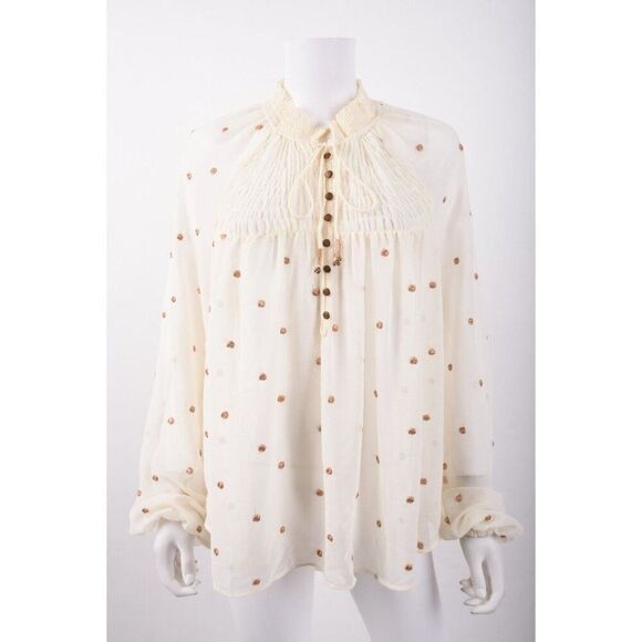 Free People Womans Peasant Blouse Shirt Top Sz M Ecru Beige Gold Dots Oversized - Picture 1 of 6